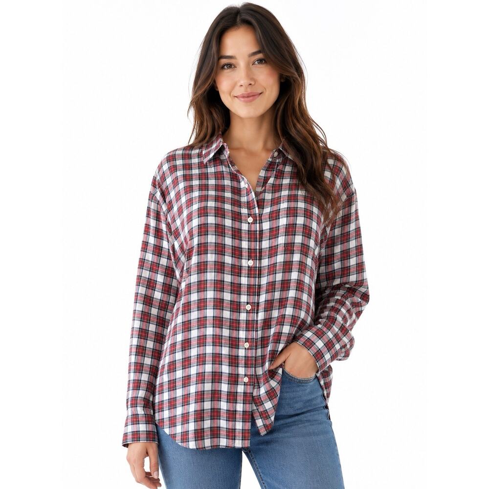 Trovata Birds of Paradis Top Shirt Plaid Long Sleeve Button Flannel Red Green L